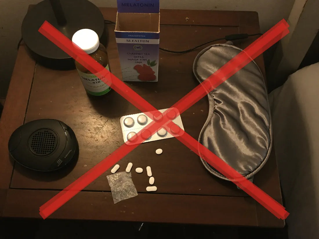 Melatonin, sleeping pills, sleep tea and an eye mask crossed out with a red X